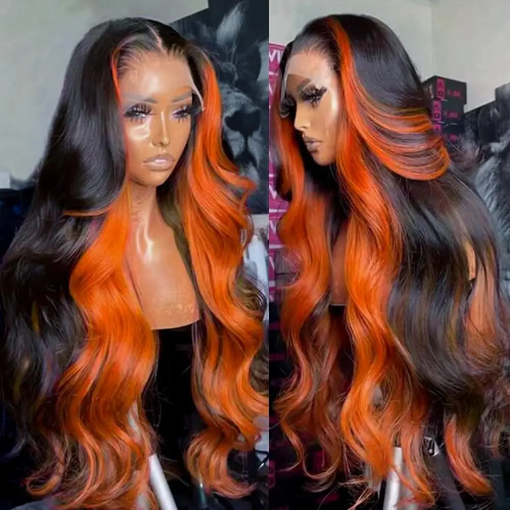 Linktobig 30 Zoll vor gezupft Highlight 13x6 HD Spitze Front Perücken Ingwer Orange Echthaar Perücken für Frauen 13x4 Body Wave Ombre Perücke