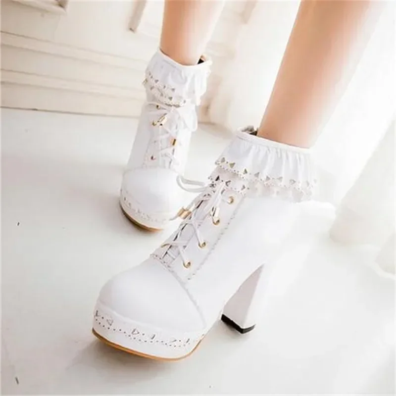 

Winter New Style Fashion High-heeled Women's Boots Solid Color PU Sweet Butterfly-knot Zipper Square Heel Women Boots High 11cm