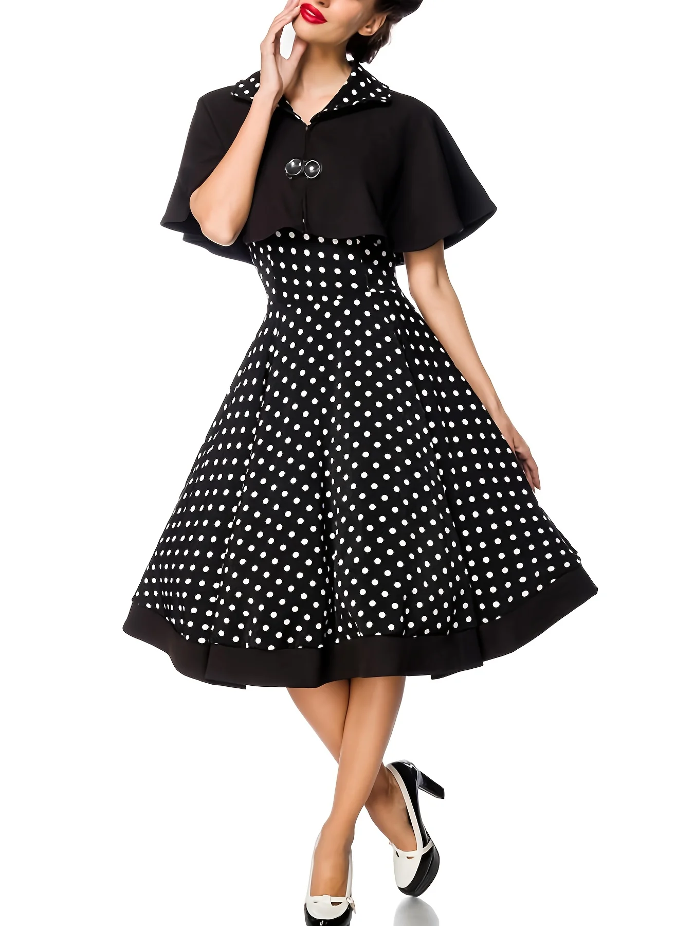Damen Zweiteiler Kleid mit Polka Dots, Midi-Rock, Swing-Kleid, Schal-Top und A-Linien-Kleid für Abendpartys und festliche Anlässe
