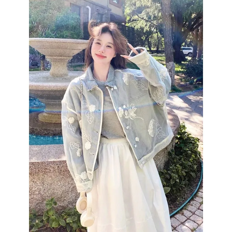 Blouse Jacket Denim Women's Spring/Autumn Lace Embroidery Patchwork Loose-fitting Cropped Niche Comfortable Niche Distinctive