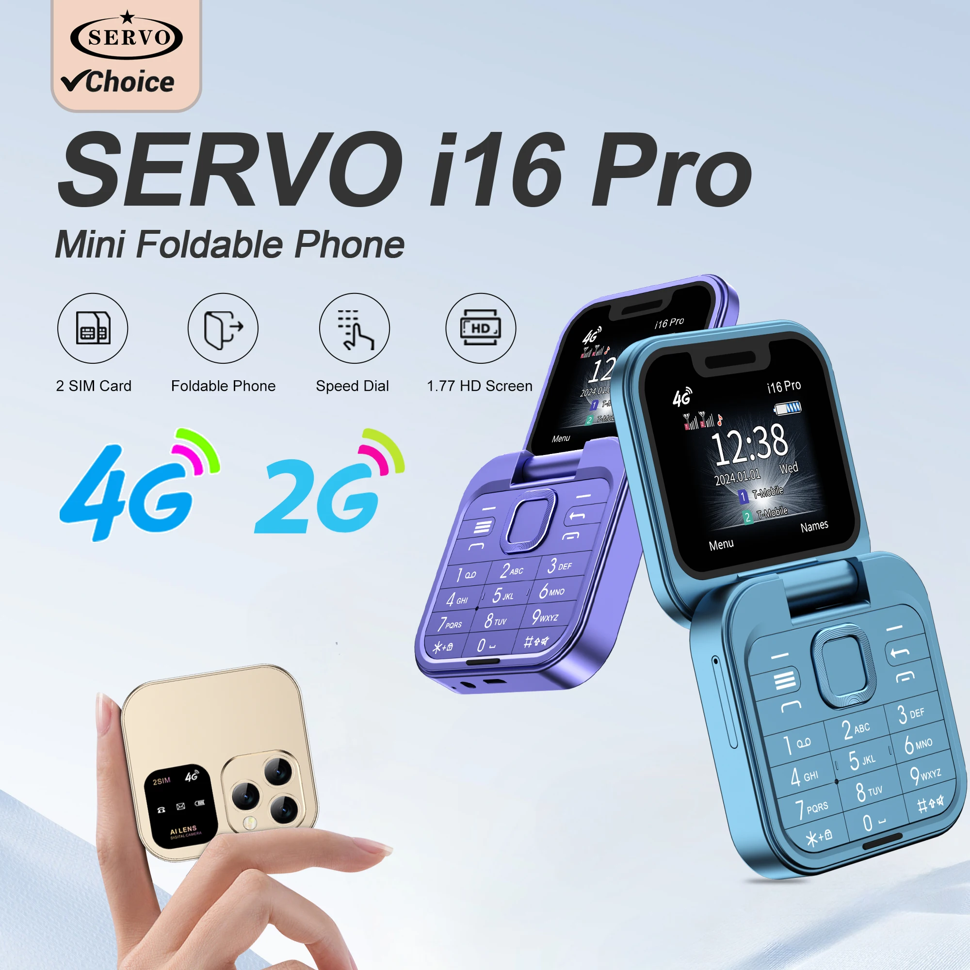 SERVO I16 PRO 2G GSM/4G LTE Foldable Mini Mobile Phone 2 SIM Card Speed Dial Magic Voice Flashlight 1.77'' Screen Flip Cellphone
