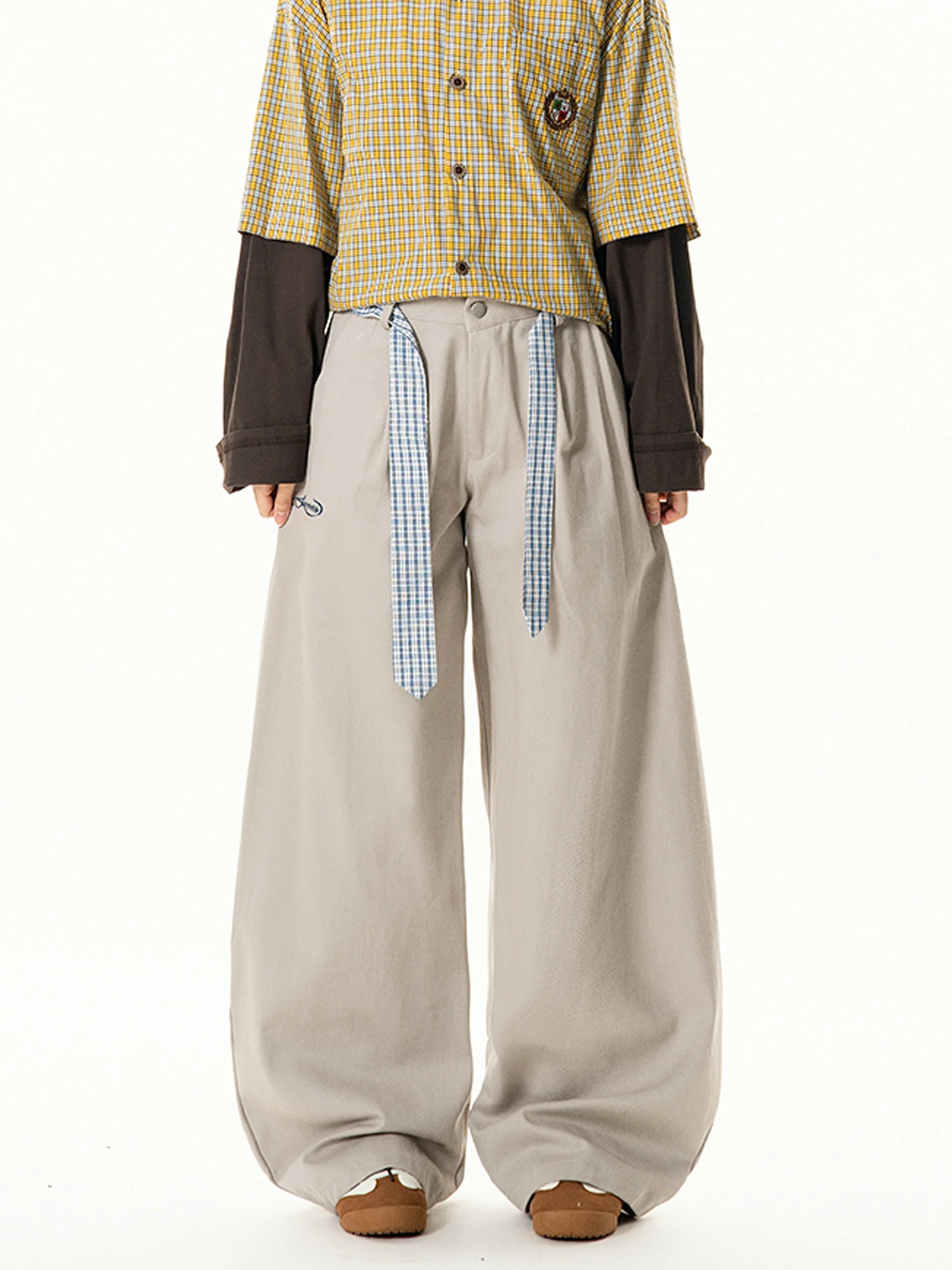 

Американские ретро-брюки в клетку с поясом, женские свободные утягивающие широкие брюки, длинные, на молнии, из хлопка, в уличном стиле