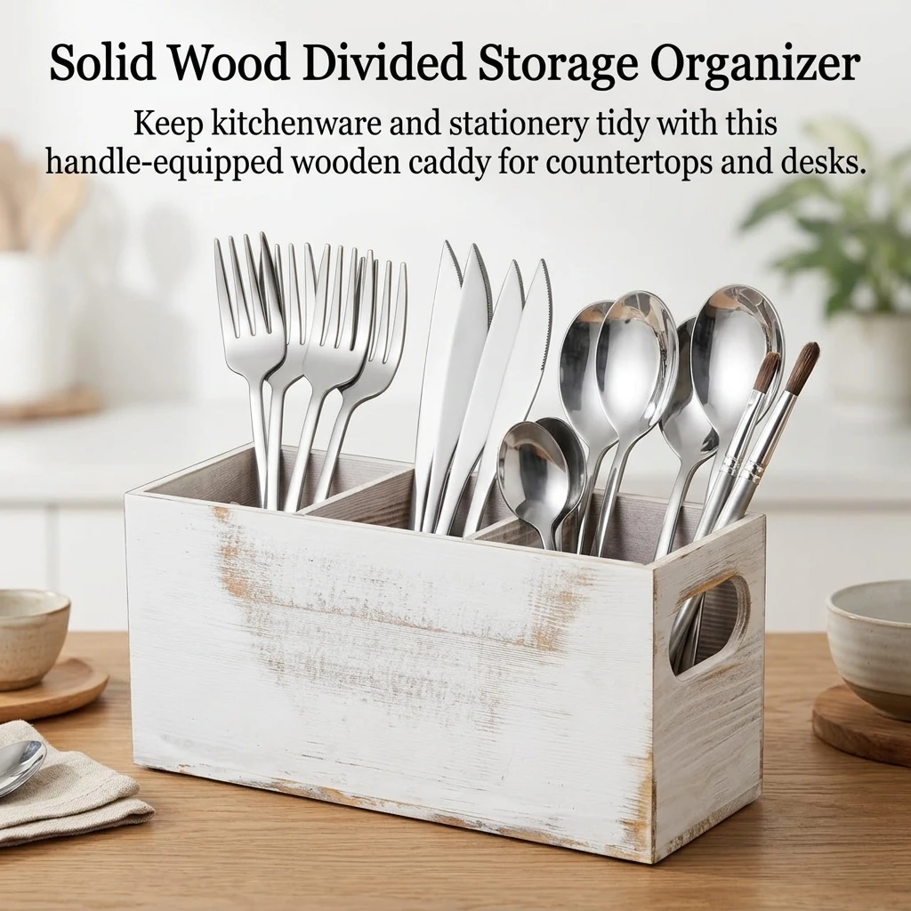 Flatware Caddy Minimalist Kitchen Storage Organizer for Homeowners, Wooden Cutlery Holder with Handle, Desktop Bin Durable