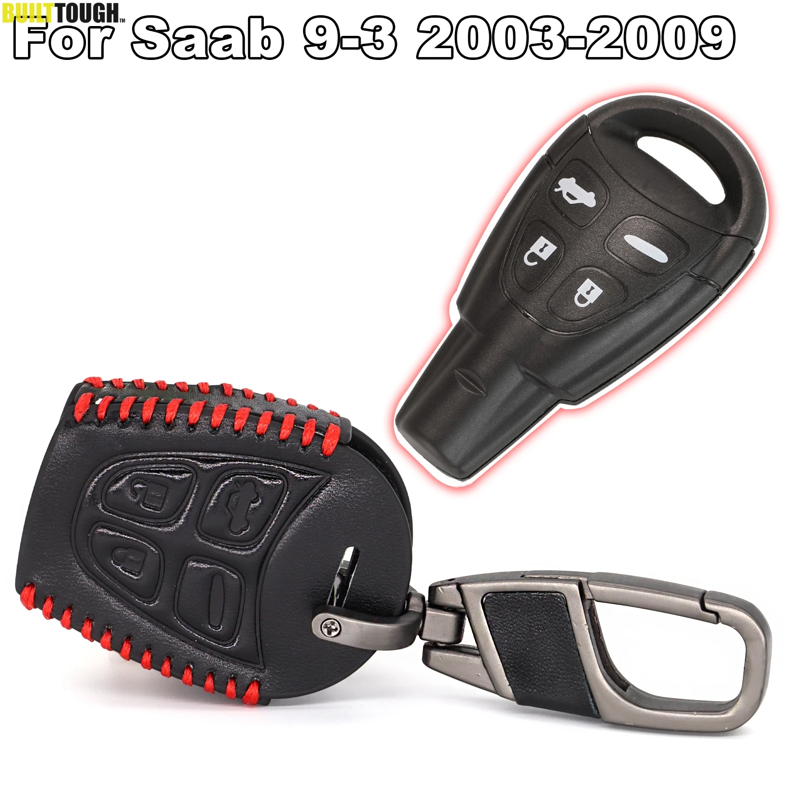 Genuine Leather 4 Buttons Car Key Case Shell Fob For Saab 9-3 93 2003-2009 with keychain Remote Car Key Cover Black