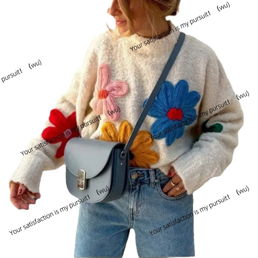 Sweater women's high-end sense loose new linked flower warm lazy wind embroidered flower pullover knitted sweater