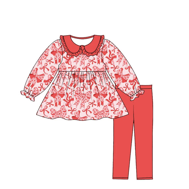 Kids Spring Casual  Toddler Girls Floral Bow Gingham Outfit Ruffle Peter Pan Collar Long Sleeve Tunic Top & Solid Leggings Set