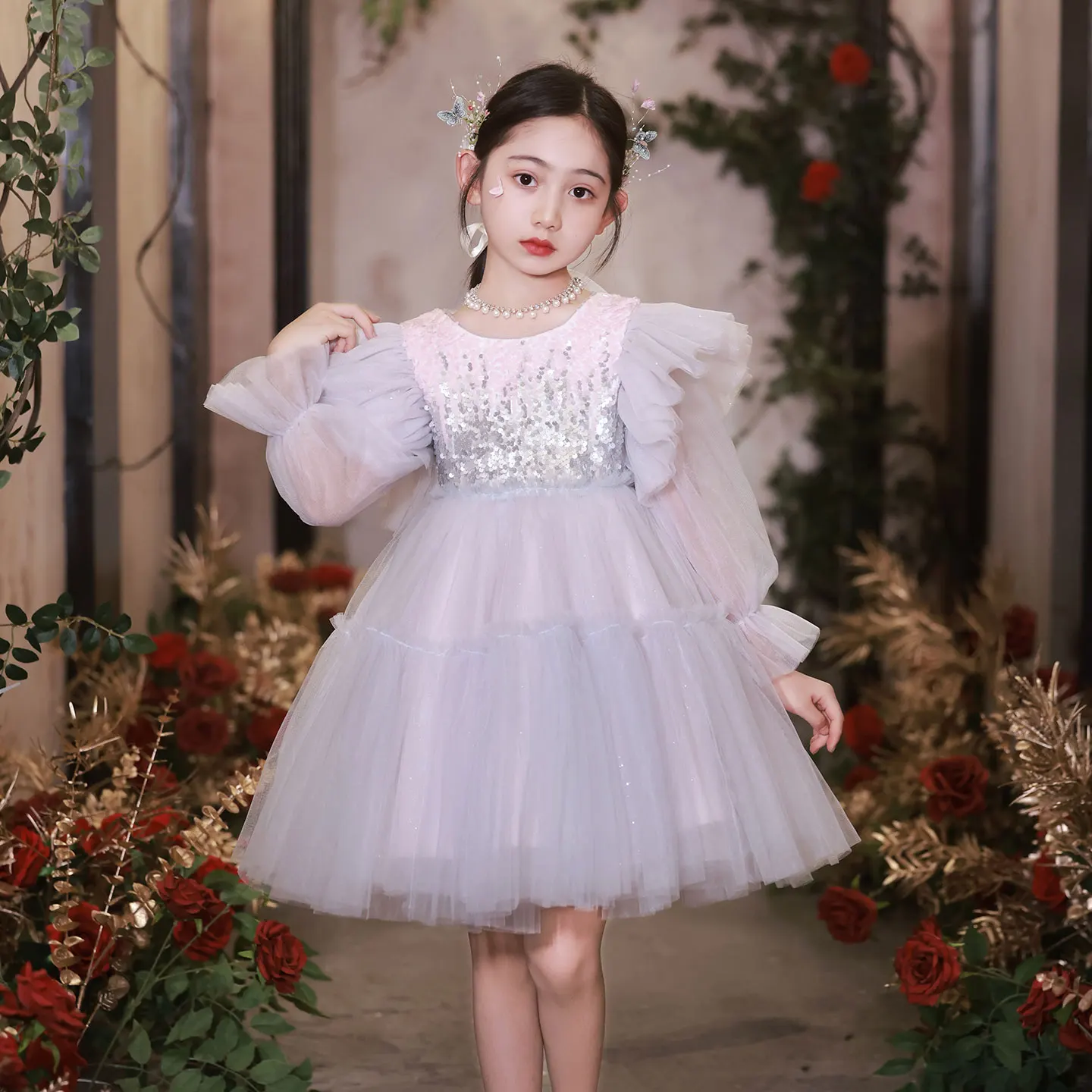 Dreamy Vow Elegant Pink Blue Girl Dress Long Sleeved Sequined for Kids Party Holiday Spring Summer Knee Length Ball Gown J091