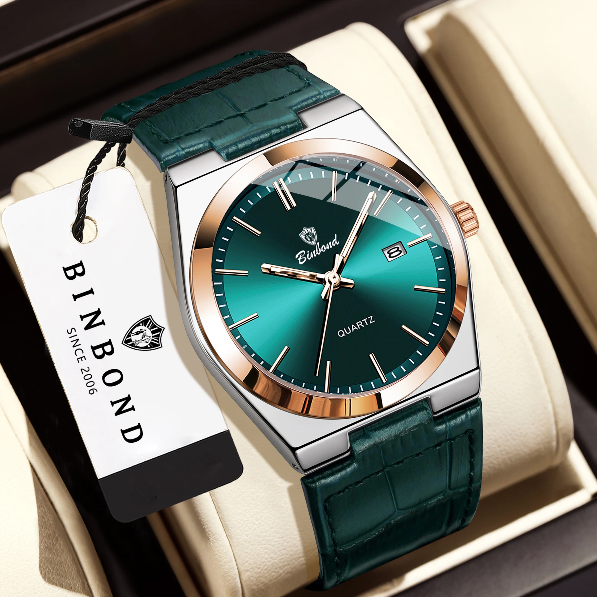 BINBOND Original Quartz Man Watch Luxury Leather Strap Waterproof Luminous Reloj Hombre Auto Date Precise Men's Watches