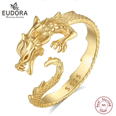 Eudora 925 Sterling Silver Cool Dragon Adjustable Ring 18k Gold Temperament Personality Dragon Ring Fine Jewelry Men Women Gift