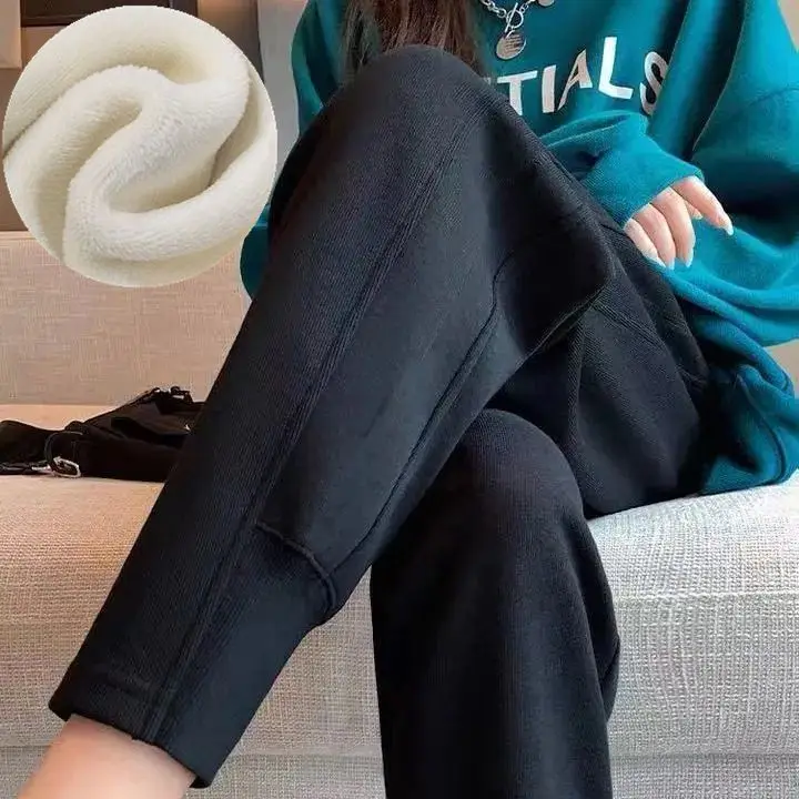 Winter Simplicity Bright Line Decoration Solid Color High Waist Harem Women Clothes Casual Drawstring Fleece Pants Femme Loose