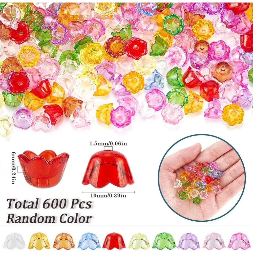 600Pcs Acrylic Flower Bead Caps Transparent Flower Beads Bulk Colorful Bell Tulip Flowers Lily Floral Spacer Loose Bead End