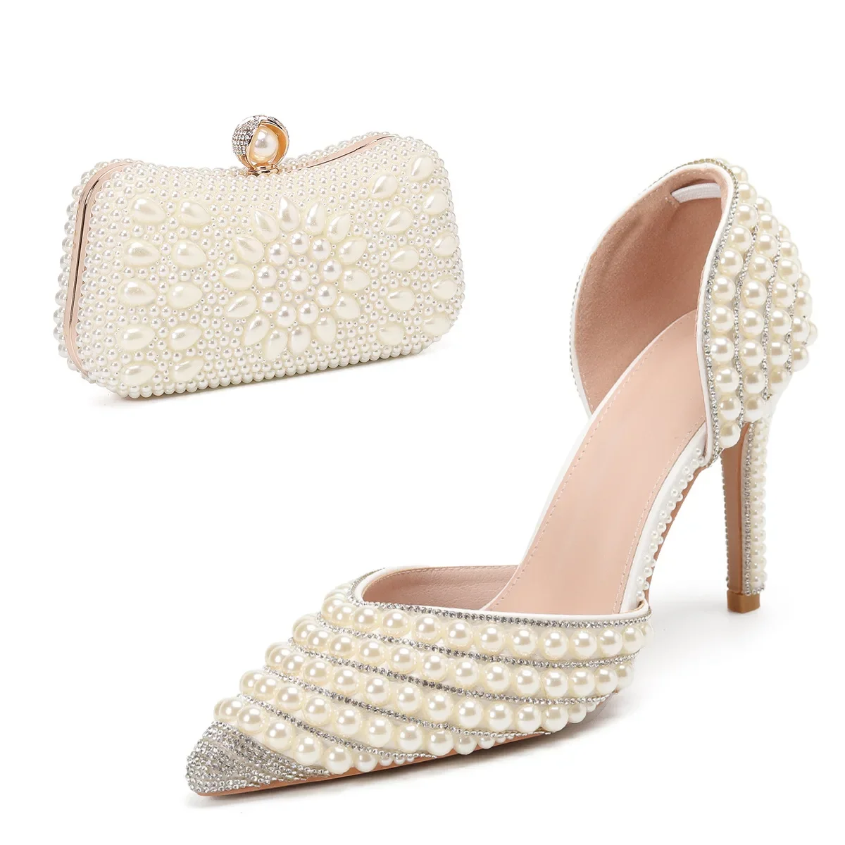 Women's Elegant Pearl Handbag Shoe Bag Combination for Banquets High-Heeled Rhinestone Accessories Slip-On Summer Fashion Trends