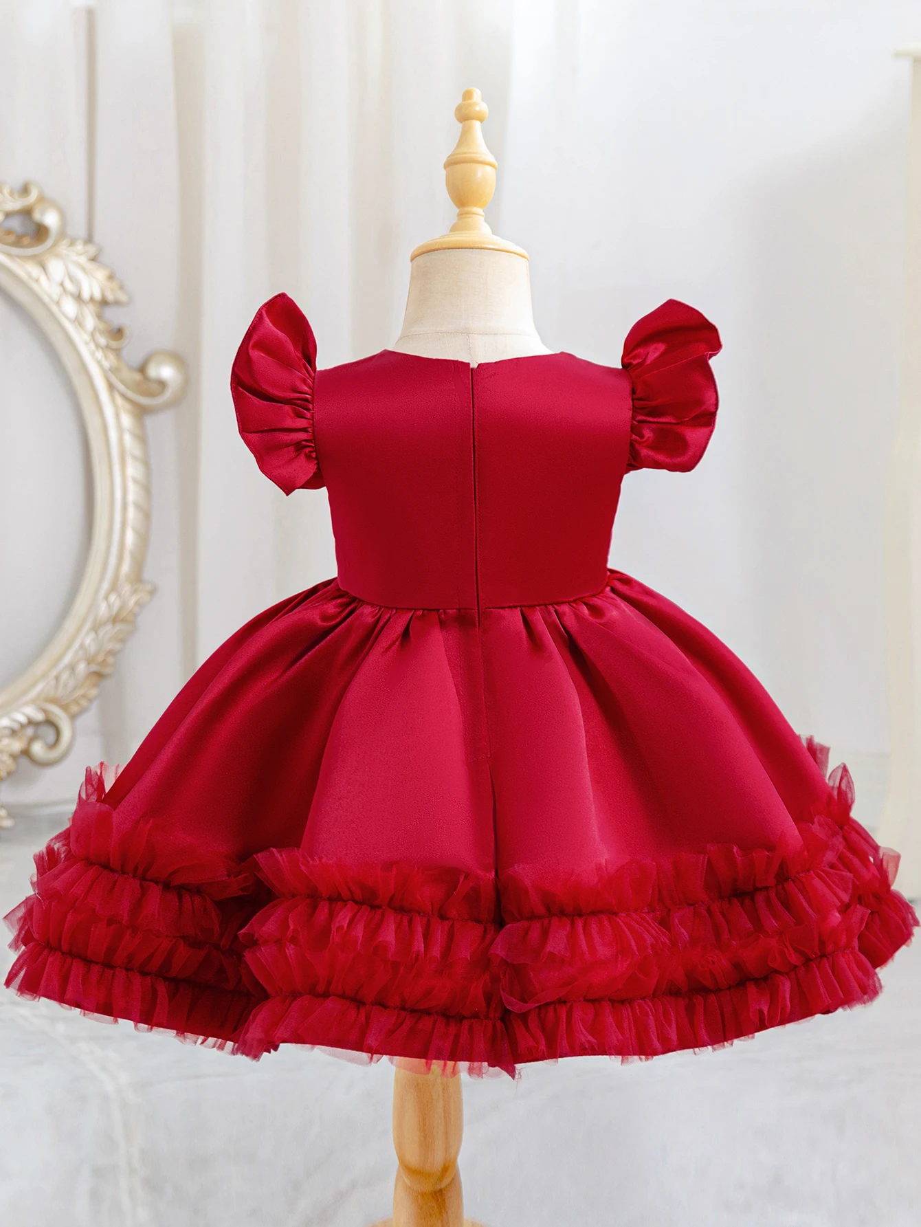 Baby Girl Red Baptism Dress For 100 Days  Birthday, Fluffy Veil Dress Party Wedding Flower Girl Dress With Bow Headband