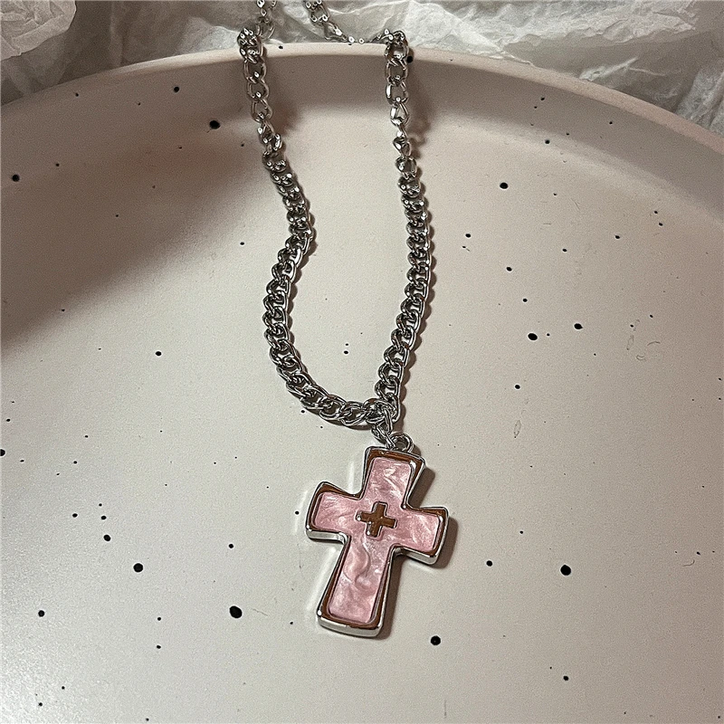 Gothic Punk Mode Charme süße rosa große Kreuz Anhänger Halsband Ketten Halskette Frauen Y2K 2000er EMO Grunge Zubehör Schmuck – Detail 9