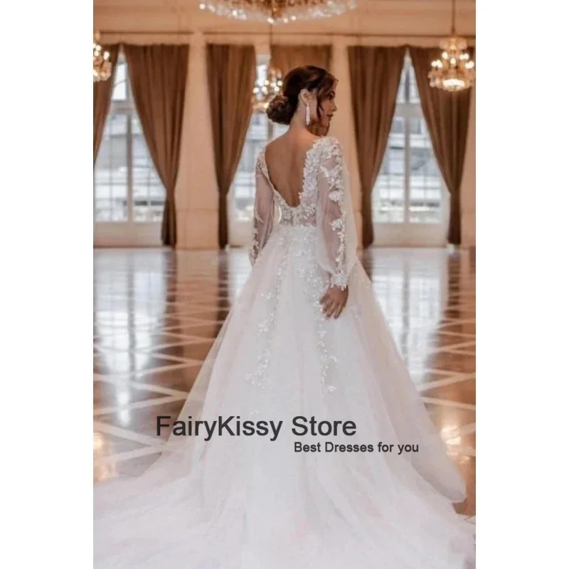 FairyKissy Illusion Wedding Dresses Long Puff Sleeve A Line Prom Dresses Princess V Neck Appliques Woman's Formal Bride Gowns