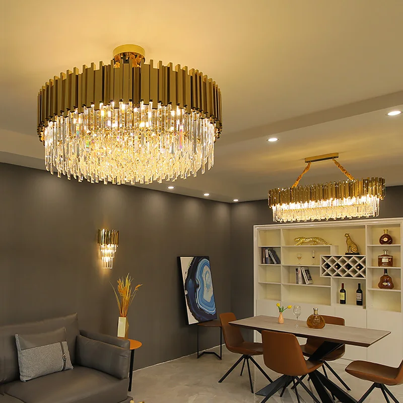 

FSS LED Nordic Crystal Round Gold LED chandelier Pendant Lights For Dinning Room Foyer living room bedroom lighting fixtures