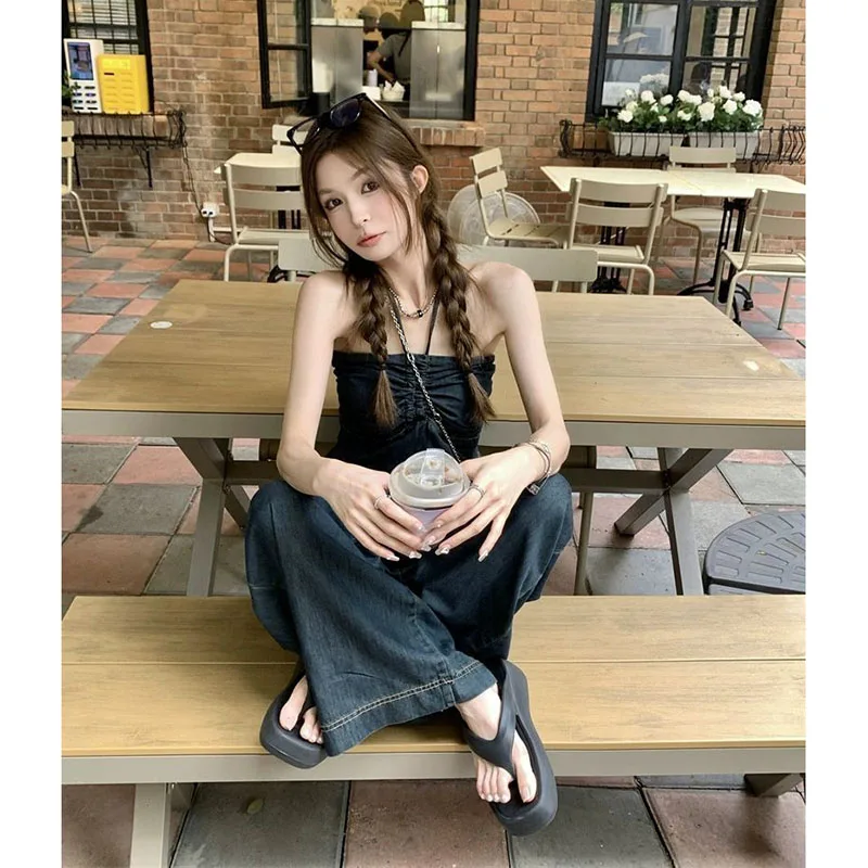 New Temperament Denim Suit Strapless Neck Tube Top Women\'s Spring Summer Loose Wide Legs Long Pants Comfortable Two-Piece Suit