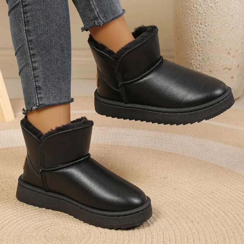 Women's Winter Thickened Cotton Shoes Korean Style Warm PU Surface Snow Boots Lined Booties Round Toe Flat Heel Short Boots