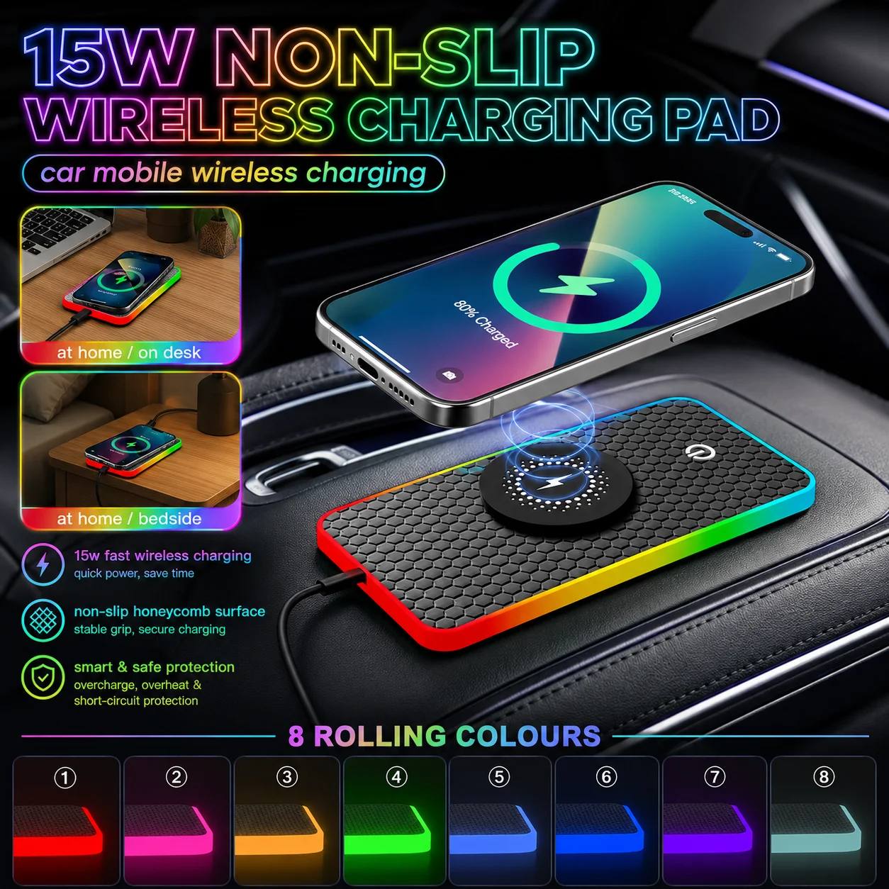 15W Wireless Car Charger Pad RGB Light Non-Slip Silicone Charging Mat Auto Center Console Phone Charger For iPhone16 Samsung