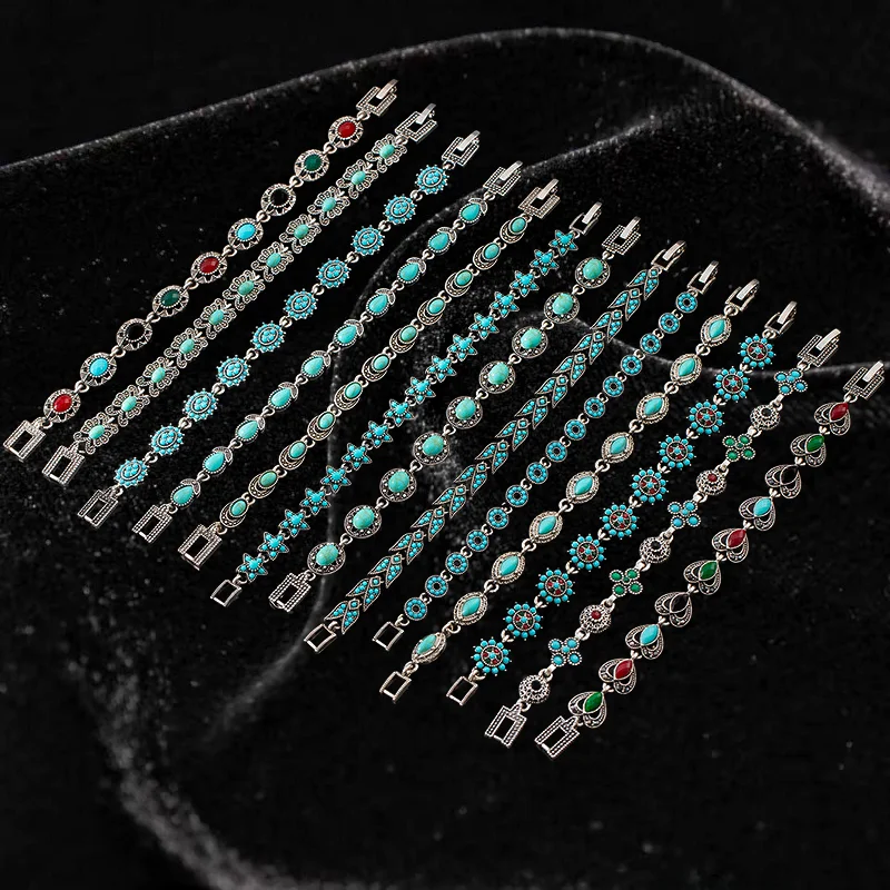 2026 New Fashionable Retro Bohemian Style Colored Turquoise Chain Wedding Jewelry Gift Women Retro Link Bracelet Birthday Gift