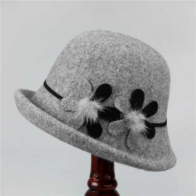 Women Fashion Elegant Fedoras Hat French Style Painter Hat Cap Vintage Warm Party Top Hat Flower Ornament Billycock Hat