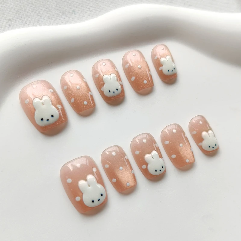 10 uñas postizas coreanas, estilo rosa y azul, lunares lindos, conejito y ojo de gato, frescas y sencillas 3