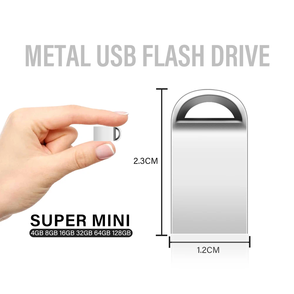 JASATER Super Mini Metal USB Flash Drive 128GB Silver Pen Drive with Free Key Ring 64GB Funny Creative Gift Memory Stick 32GB