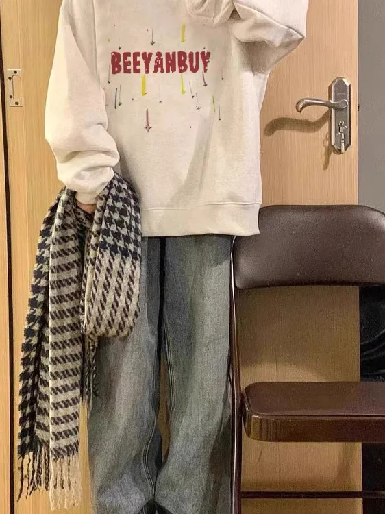 Sweat-shirt en coton de haute qualité pour femme, vêtement de sport amusant, doux, en peluche, vintage, blocage des broderies, col rond rayé, Y2K