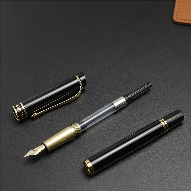 Custom Text Fountain Pen With exquisite leather Pencil case No ink in the pen Gold text iridium high-quality pen tip