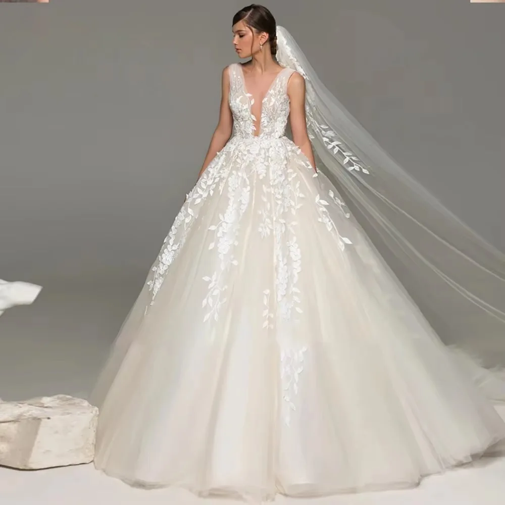 

Customzied Luxury O-neck Sleeveless Wedding Dress Lace White Floor Length Ball Gown Sexy Vestido De Novia