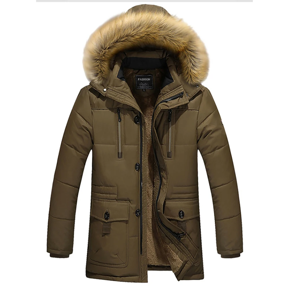 TRAF 2024 Winter Fashion Comfort Men\'s Raccoon Collar Medium Length Plus Wool Plus Size Hooded Cotton-Padded Jacket