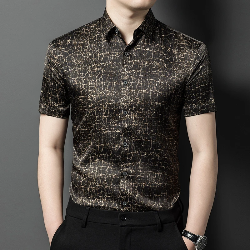 Crackle Print Luxurious Shirts For Men Short Sleeve Mulberry Silk Summer Icy Cool Quality Fashion Casual Camisas De Hombre L-4XL