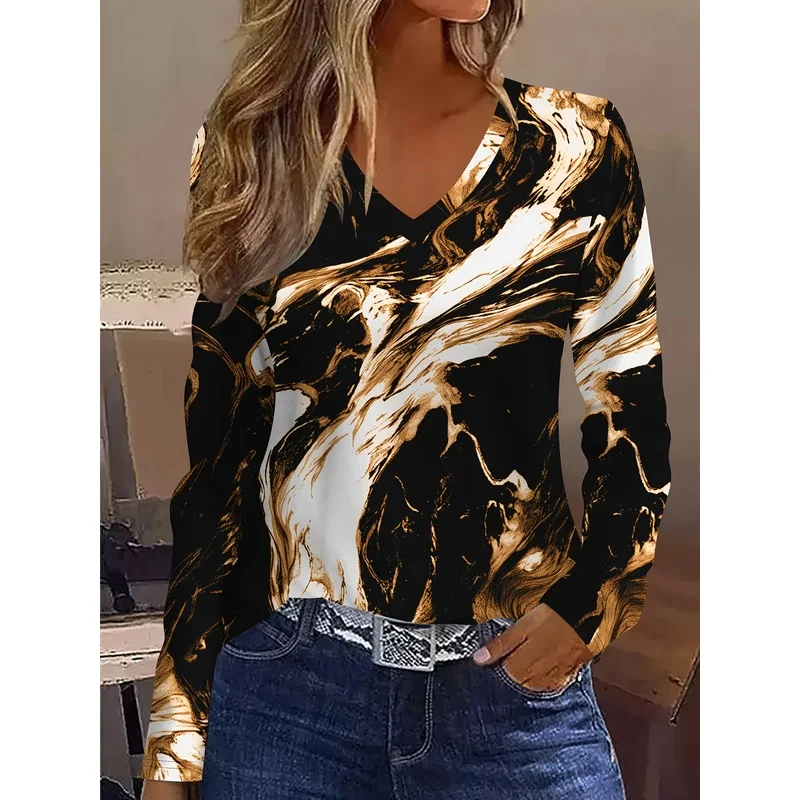 2D Printed Marble Pattern Women V Neck Long Sleeve T Shirt Breathable Full Body Print Autumn Winter Casual Elegant Fashion Vacat