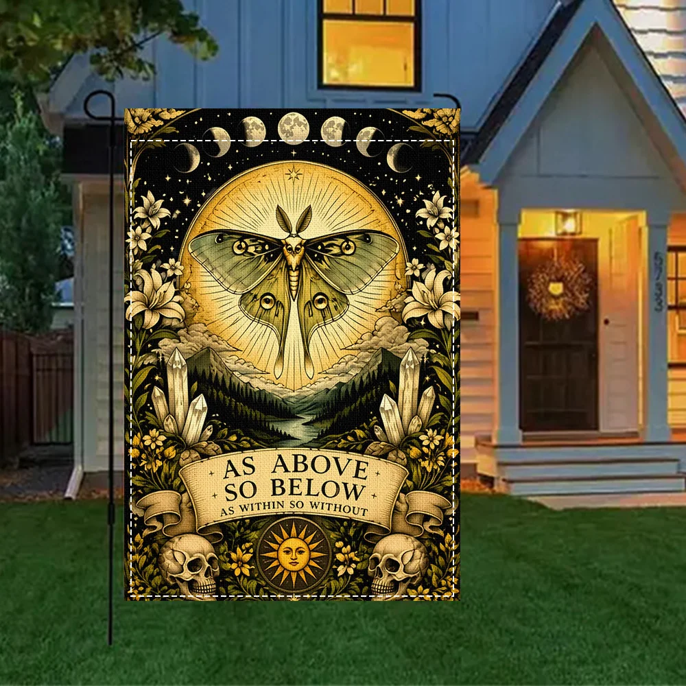 1PC Moth and Celestial Moon Phase Garden Flag, Duplex Print, Retro Gothic Patio Decor for Outdoor Patio and Lawn (Pole not inclu