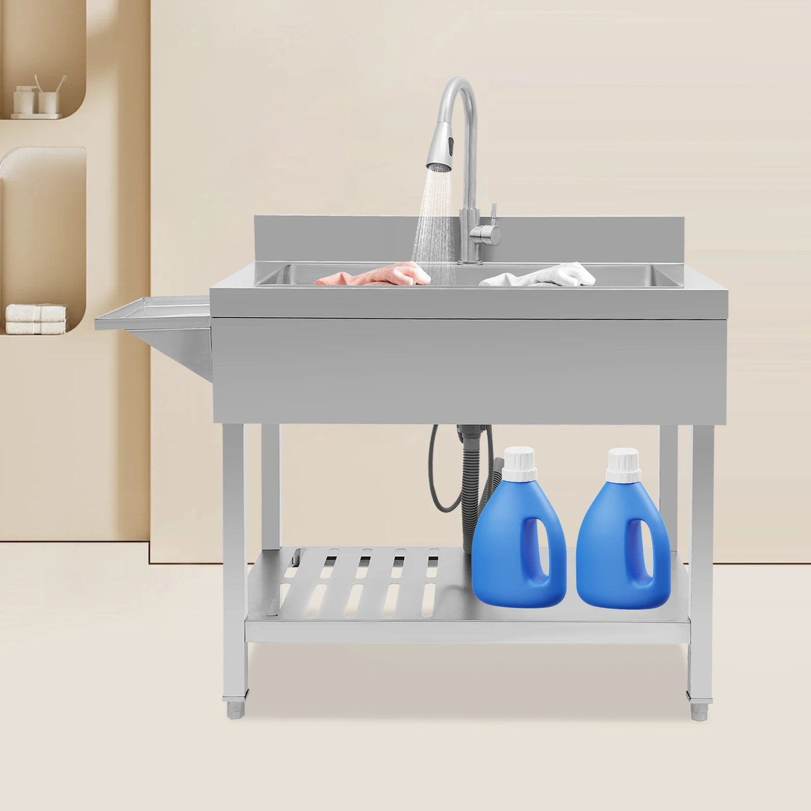 

Кухонная мойка из нержавеющей стали с одной чашей, встраиваемая, с закругленными углами, с поддоном и выдвижным поворотным смесителем