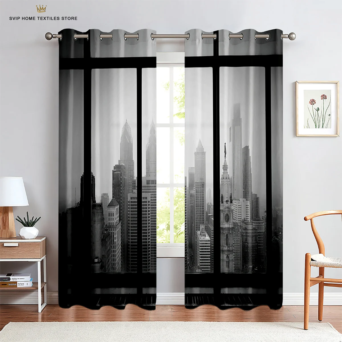 

3D Printing Window Scenery Building Decoration Curtain, Bedroom, Living Room, Study, Kitchen, 2 Pieces