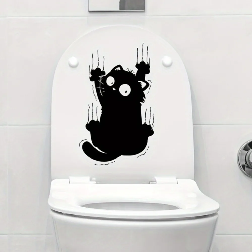 Lucky Cat Funny Black Cat Scratches Toilet Stickers Decorative Bathroom Decals Wall Stickers Self Adhesive Waterproof Home Decor