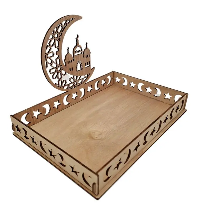 A20F-Ramadan Plate Eid Mubarak Tray Wooden Tray Table Decoration For Dessert Snacks Serving Tray With Moon And Star Pattern