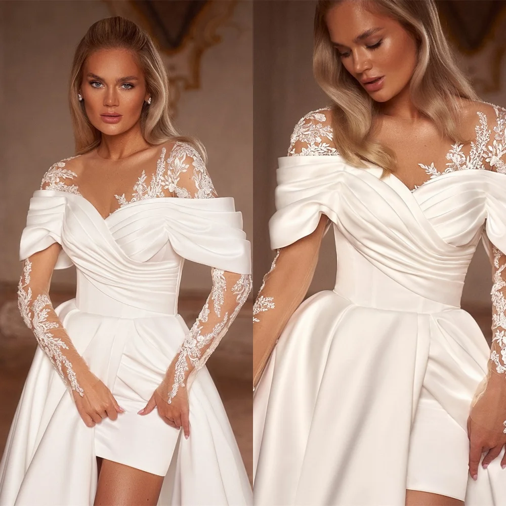 

Customized Dreamy White Satin Wedding Dress Temperament Strapless Long Sleeves Robe de mariée High Quality Vestido De Novia