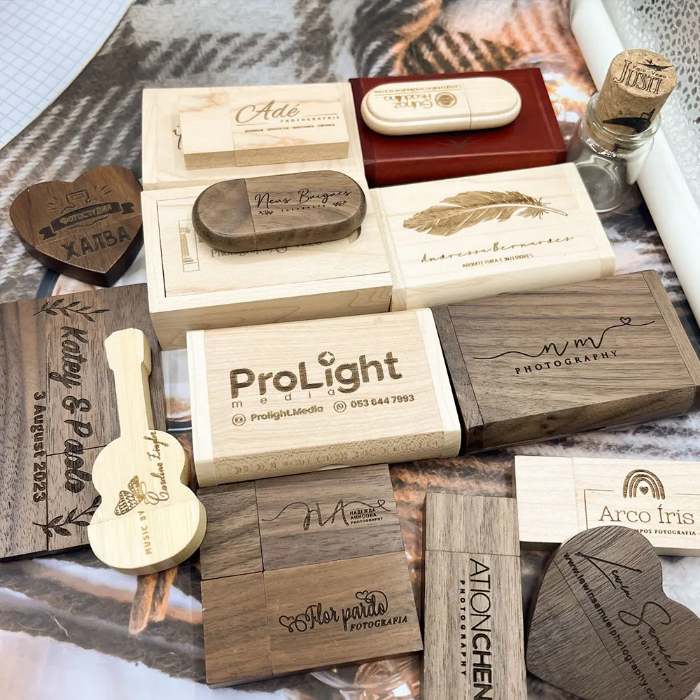 Clés USB 2.0 en bois avec boîte en bois, clé USB avec logo gratuit, clé USB, cadeau de photographie de mariage, disque U, 64 Go, 32 Go, 128 Go, 20 pièces