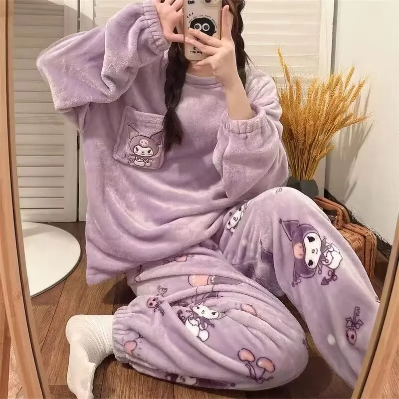 Sanrios Hello Kitty Kuromi My Melody Flannel Winter Pajamas Girls Cartoon Plus Velvet Thickened Coral Velvet Kawaii Home Clothes