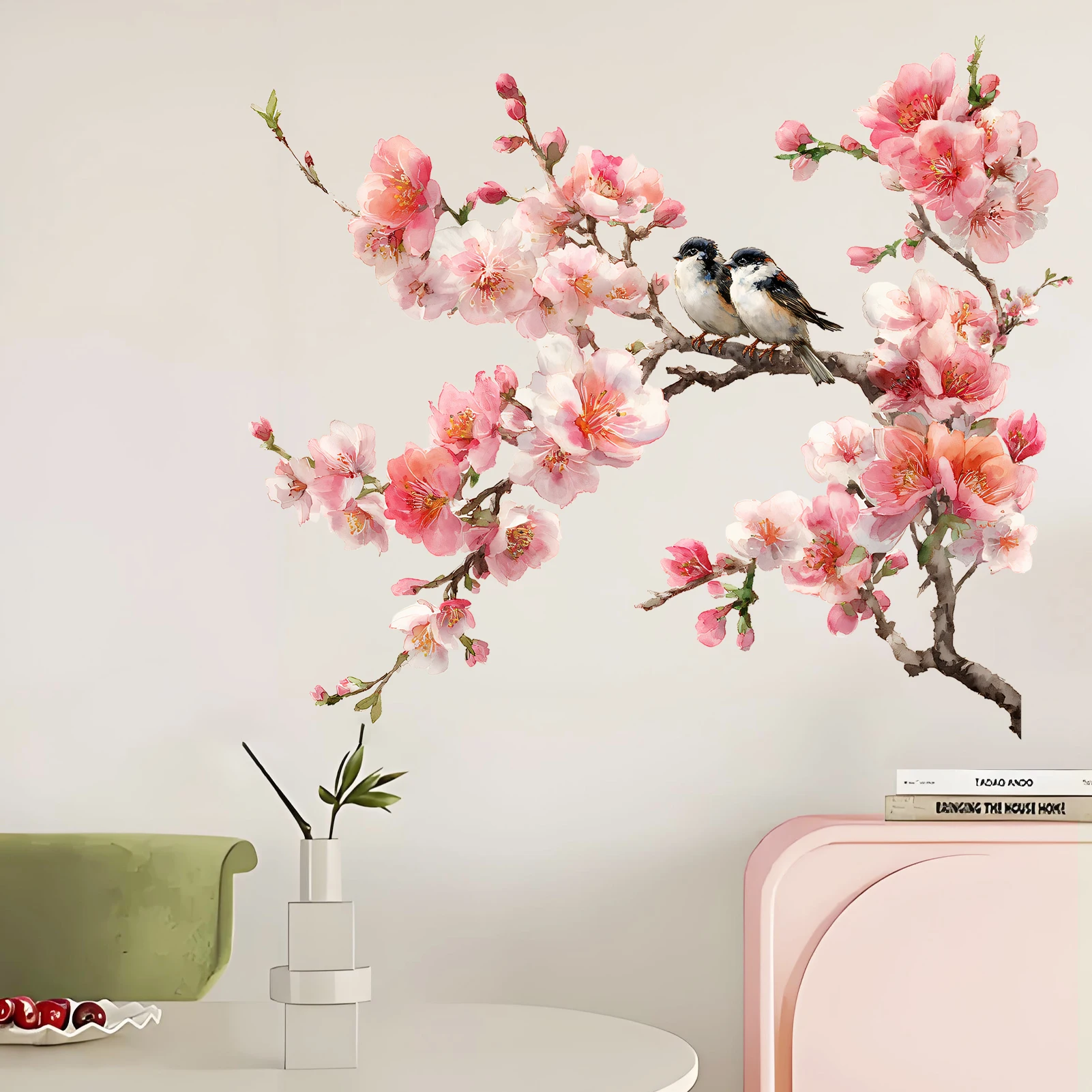 Watercolor Cherry Blossom Wall Stickers, Pink Floral & Bird Decals, Removable Elegant Aesthetic Home Decor