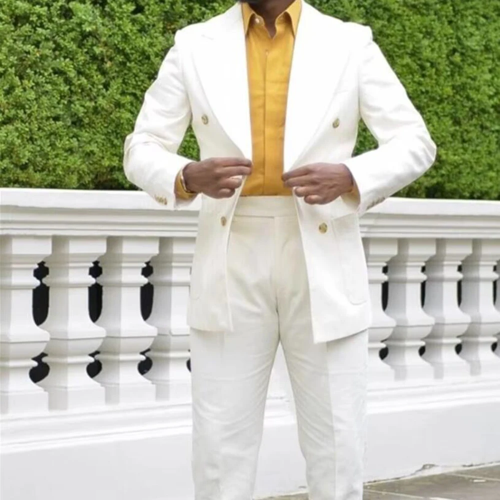 

Exquisite Beige Suits for Men Double Breasted 2 Pieces Jacket Pants Blazers Sets Smart Banquet Business Wedding Male Clothing