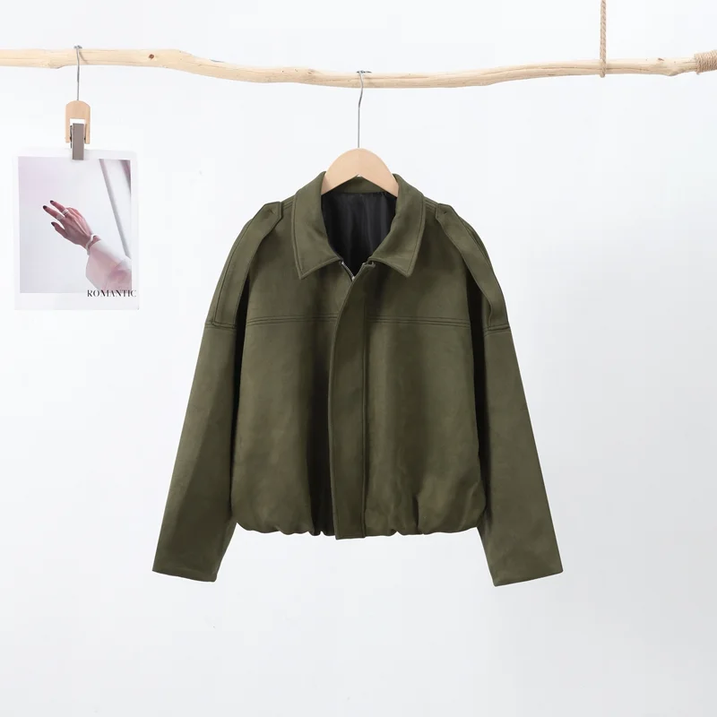 

Women Vintage Faux Suede Jacket For Women Lapel Long Sleeve Loose Green Coat Zipper Pocket Streetwear 2025 Autumn Lady Outwears