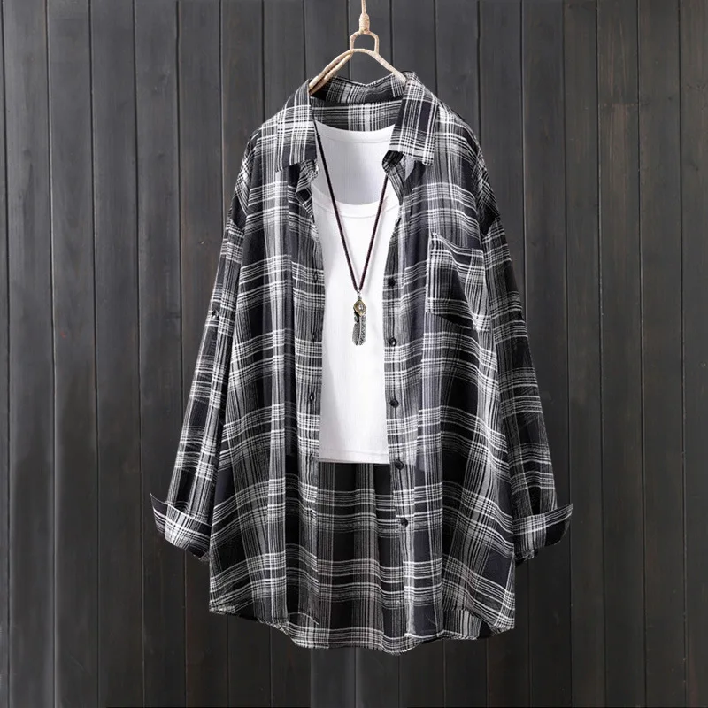 Customization Plaid Shirt Women's Summer Drapey Plus Size Top Mid-length Loose Butt-covering Thin Coat Chiffon Shirt Long-sleeve
