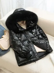 Glossy Down Jacket Women Real Fur Collar Hooded Thick Duck Down Coats Korean Loose Fluffy Warm Winter Ladies Short Outwear