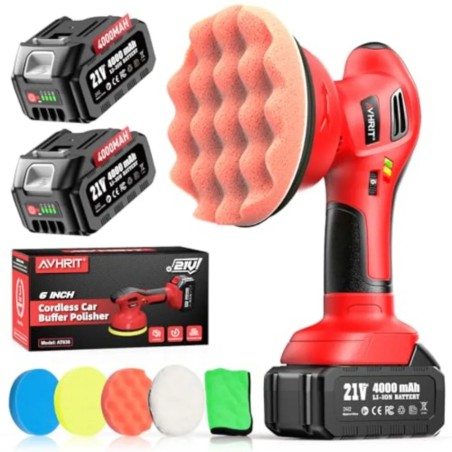 

6 Inch Cordless Car Buffer Polisher: 2x4000mAh Batteries Car Buffer Car Waxer Kit with 8 mm Orbit Block 6 Speed Control 2500-60