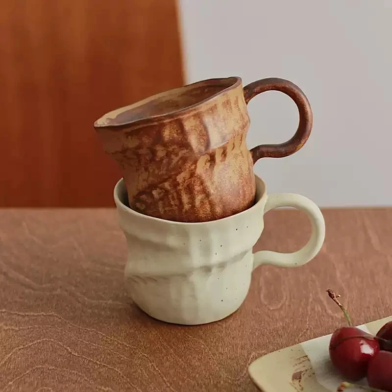 Wabi Sabi Hand Thrown Rough Ceramic Mug 240ml Irregular Kiln Change Glaze Coffee Latte Cup Vintage Textured Tea Drinking Cup