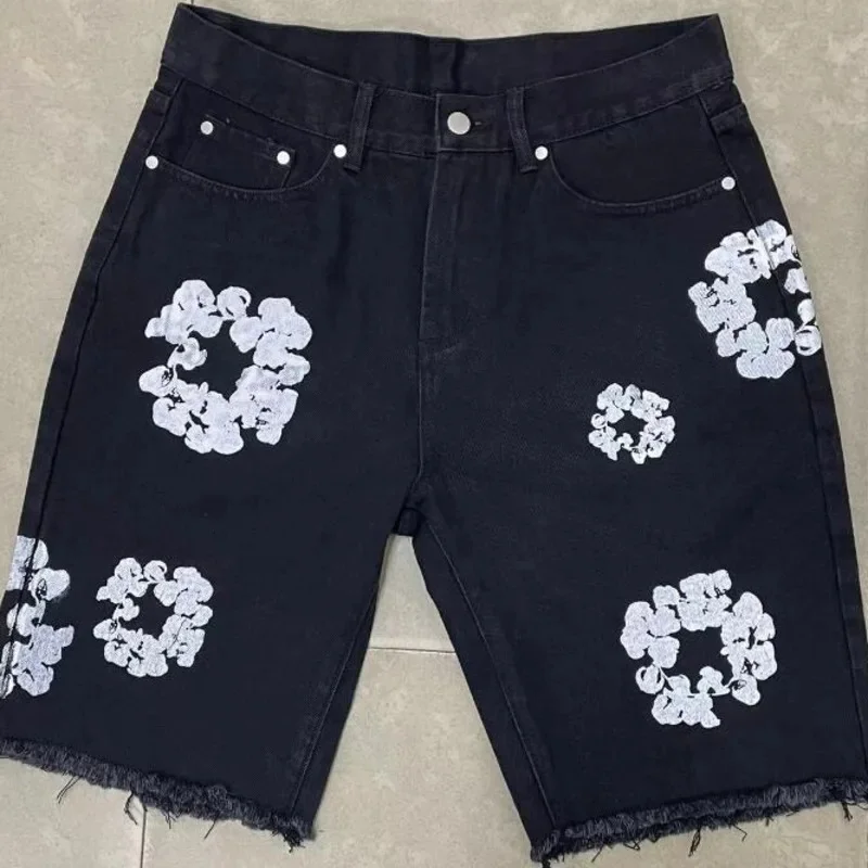 American Trendy Kapok Printed Washed Jeans 2024 New Fashion Unisex Loose Casual Straight Leg Pants Shorts Y2k HipHop Streetwear