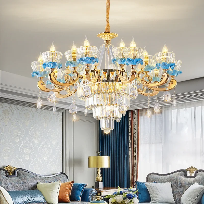 European Style Living Room Chandeliers Blue Ceramic Crystal Lamp Villa Duplex Family Decor Lighting Ceiling Dual Purpose Lamp